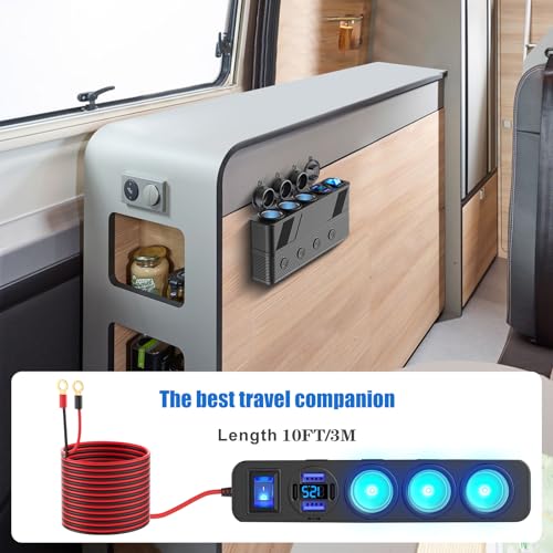Image of 12V 24V Car Charger Socket Splitter with 10FT /3M Cable, 3 Cigarette Lighter Socket Multi 4 Port Adapter Plug with LED Display Master Switch Independent Switch,12 Volt Power Outlet with Eyelet Terminal