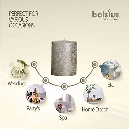 Bolsius Metallic Pillar Candles Champagne Silver - 6 Pack Bulk - 2.75 X 3.25 Inches - 30+ Hours Burn Time - Premium European Quality - Smooth & Smokeless Flame - Unscented Dripless Party Décor Candles #TOP7