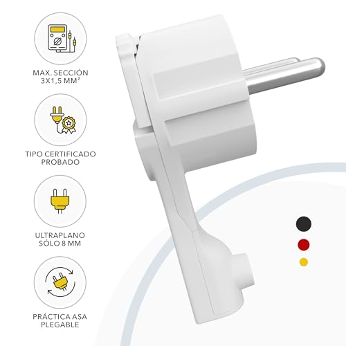 Miniatura 3 de Enchufe Macho Plano Acodado Con Contacto De Puesta A Tierra Plástico 8 Mm De Altura Asa Plegable Protección Contra Dobladuras 250v 16a Para Cable De Hasta 3x1,5 Mm Angulo Cee 7 7 4 Pieza Blanco