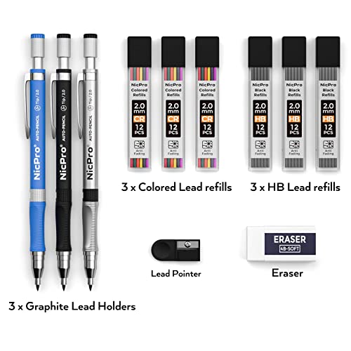 Nicpro 11 Pieces Colors 2Mm Mechanical Pencil Set, 3 Pcs Carpenter Drafting Pencil 2.0 Mm For Art Drawing Writing Sketching Construction With 6 Tube Pre-Sharpen 2B & Color Refill, Eraser, Sharpener #TOP6