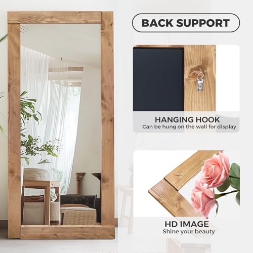 Image of 71x32in Full Length Mirror, Solid Wood Convex Frame, Light Brown