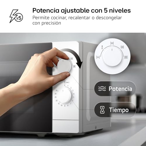 LG MS2082H - Microondas, 20 L, 700W, 5 Niveles de Potencia, Función Descongelado, Interior Fácil de Limpiar, Bloqueo Infantil, Compacto y Seguro, Blanco - imagen 3