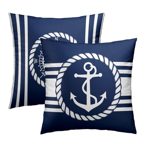 Navy Blue and White Anchors Pillowcovers Ocean Summer Throw Pillow Covers Coastal Nautical Cushion Case for Sofa Home Decor Bedroom Living Room Outdoor 18 x 18 Inches Set of 2 Beach Theme Pillow Cover