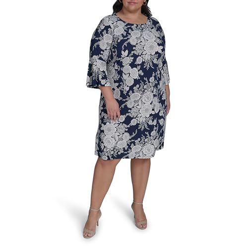 Image of Tommy Hilfiger Women's 3 /4 Bell Sleeve Jewel Neck Sheath Mini Dress