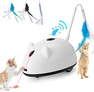 HAPPY HACHI Interactive Cat Toy Mouse Moving Feather Tail, Rechargeable Rotating Electric Toys Mice for Indoor Cats Adult Kittens Automatic to Play Alone