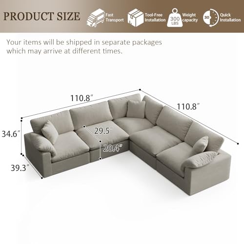 Image of 211.6 inch Cloud Modular Sectional Sofa,Light Beige Down Filled Sofa 5 Seat,Minimalist Sofa Cover Washable and Replaceable Couches for Living Room,Sectional Sofa Deep Seat