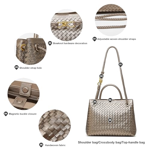Woven Bag for Women Crossbody Handbag: Vegan Leather Small Tote Purse - Trendy Shoulder Handbag - Bowknot Satchels (Large, Light Copper and Silver)4