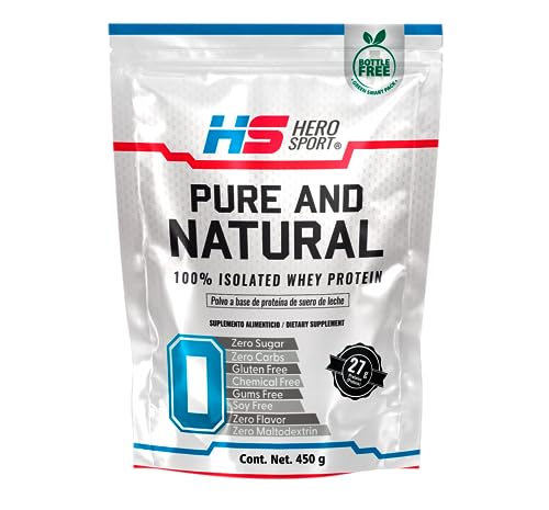 Hero Sport Protein Pure and Natural 450g. 100% Isolated Whey Protein, 27g de Proteína y 4.8g de Aminoácidos por Porción, 0 Azúcar, 0 carbs, Glutten Free,...