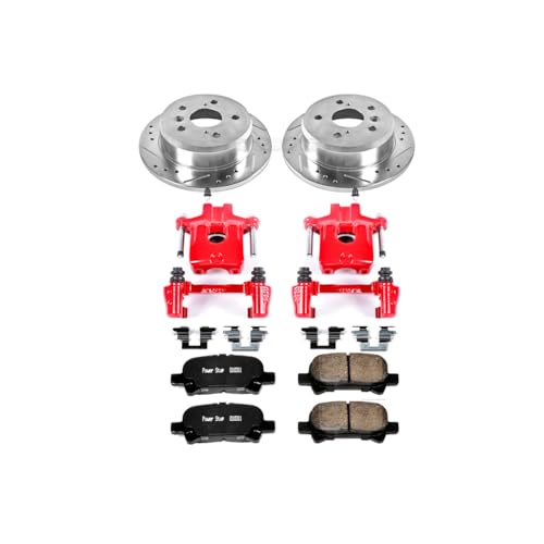 Image of PowerStop Rear Brake Kit for Toyota Avalon 2005-07 |Camry 2002-06 |Solara 2004-08 - Carbon-Fiber Ceramic Brake Pads + Drilled & Slotted Rotors + Red Powder Coated Calipers, KC2417