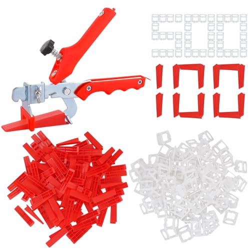 Oungy 601 PCS Tile Leveling System Tiles Leveler Spacers 1.5mm, 500 PCS Tiles Leveler Spacer Clips + 100 PCS Reusable Tile Level Wedges + 1 PCS Tile Leveling Pliers