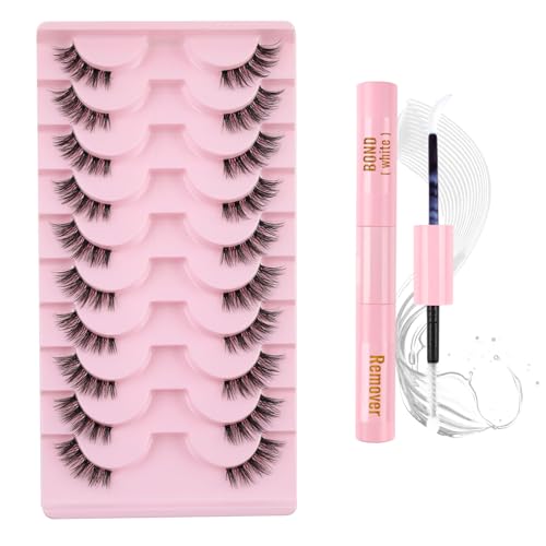 Glowing Win Ciglia Finte con Colla 10 Paia Mezze Ciglia Finte Cat eye con Bond and Remover Occhio Di Gatto Ciglia Naturali 3D Banda Trasparente Half Lashes with Glue Corner Eyelashes