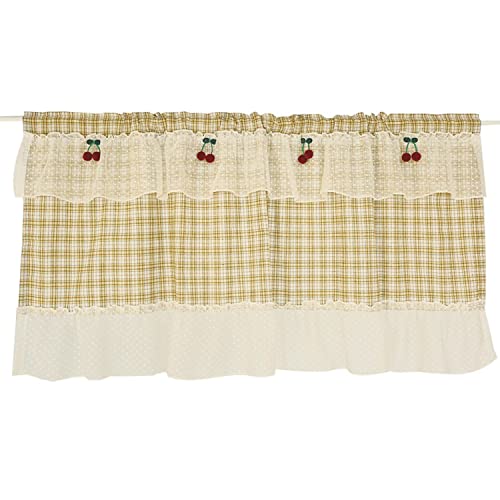KVOLTT Checked Kitchen Bistro Curtain Country Style Vintage with Crochet Lace Beige Panel Curtain Semi-transparent Cotton Linen Short Stores Curtain (136x90CM (BXH))