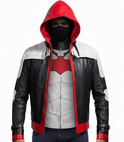 Image of Black Hood Bat Jacket and Vest - Red Hooded Leather Jacket 2 in 1