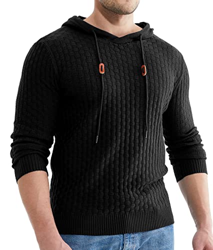 Askdeer Men's Sweater Pullover Long Sleeve Solid Classic Knitted Sweater With Hood Black #TOP3