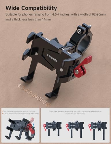 Tiakia Aluminum Bike Phone Mount Holder, [2024 Upgrade] Motorcycle Phone Mount, [1s Lock] Handlebar Mounted Cell Phone Holder, 360° Rotation, Universal Bicycle Phone Mount for 4.5-7 Inch Phones - Thumbnail 4