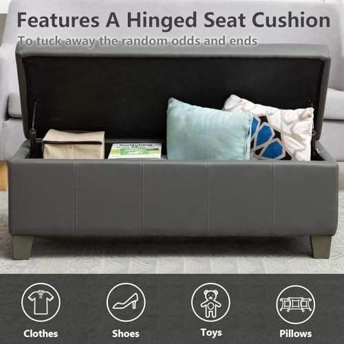 Image of 41 inch Storage Ottoman, Storage Bench with Safety Hinge, Upholstered Synthetic Leather Ottoman Bench for Bedroom, Living Room, Entryway, Hallway, Foot Rest, Support 500lbs, Grey