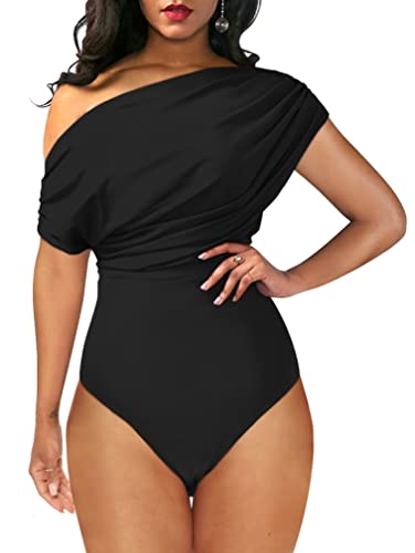 YMDUCH Women's Sexy Off Shoulder Sleeveless Bodycon One Piece Bodysuit Top Black