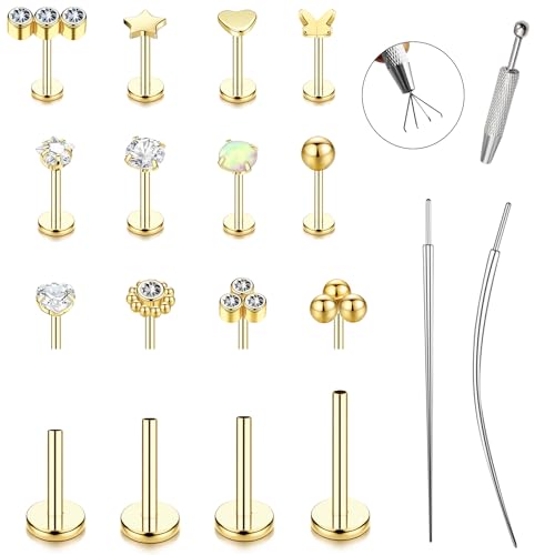 15Pcs 20G/18G/16G Flat Back Push in Stud Earrings 316L Surgical Stainless Threadless nose rings Medusa Piercing Jewelry Hypoallergenic Labret Studs Lip Rings ring for Women Men Be Equipped With Ball Grabber Tool