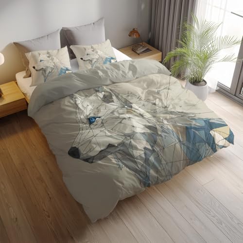 Housse de couette 240x260 beige loup blanc avec 2 taies d'oreiller