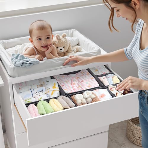 ORLISA 14er Set Schubladen Organizer kompatibel mit MALM andere Kommoden, Faltbare Aufbewahrungsboxen für Kleidung, Modular einsetzbar für Kleiderschrank Wickeltisch, Grau