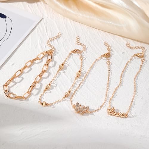 Image of Fesciory 14K Gold Plated Ankle Bracelets Sets For Women, Adjustable Layered Infinite Anklet, Summer Beach Butterfly Star Foot Chain Jewelry Gifts