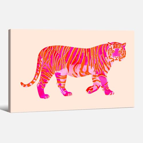Pink Orange Tiger Wall Art Funky Cute Preppy Animal Poster Trendy Hot Pink Aesthetic Painting Prints 24X36 inch Framed for Girly Dorm College Gallery Wall Decor