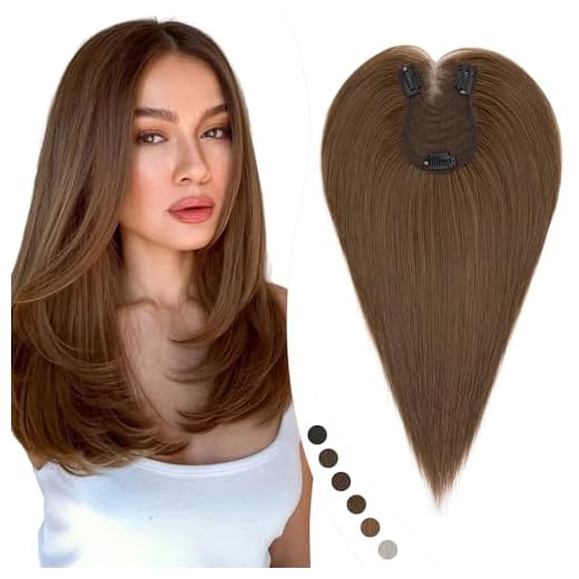 Elailite 25cm Protesis Capilares Mujer Pelo Natural Clip 27g Castaño Medio Flequillo Lateral Cabello Humano Hair Topper Silk Basse 8cm*11.5cm #04