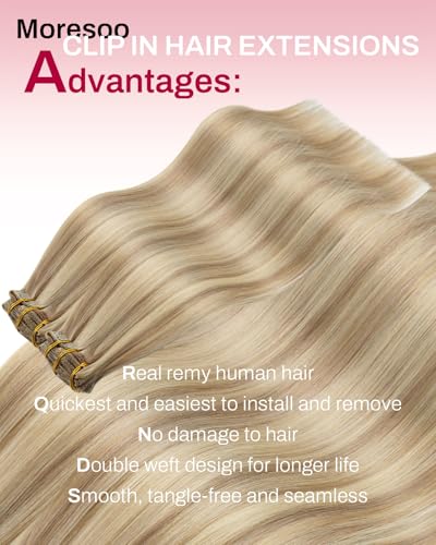 Image of Moresoo Clip in Hair Extensions Blonde Highlights Human Hair 24 inch 120g | Human hair clip in extensions, ash blonde golden highlights, 7pcs, smooth straight finish for bright dimensional styling