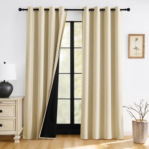 RYB HOME 100% Blackout Beige Curtains for Living Room, Heat Blocking Energy Efficient Boho Farmhouse Window Drapes for Bedroom Nursery, 52 inches Wide by 96 inches Long