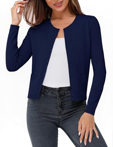 Aottori Cárdigan de Punto Mujer con Botones Cuello Redondo Manga Larga Suéter Chaqueta con Bolsillos Abierta Ligero Elegante Ropa Abrigo Azul Marino M