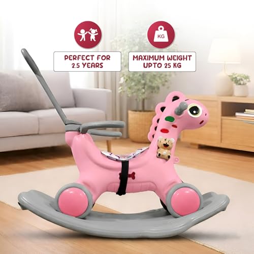 Image of 3 in 1 Push Ride On Rocker Horse for Kids with Parent Handle & Safety Belt, Convertible Rocking Horse to Ride On Toy, Non Toxic Plastic Baby Rider for 1 to 5 Years Boys & Girls (Pink)