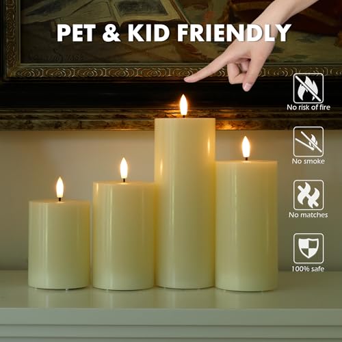 Image of Flickering Flameless Candles, Real Wax Battery Operated Candles with Remote, Flat Top Led Flameless Pillar Candles for Home, Wedding, Party Decor, Set of 4, Φ 3 inch H 4 inch 5 inch 6 inch 8 inch, Ivory