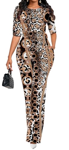 LaiyiVic Dressy Jumpsuits for Women Crew Neck Fashion 1/2 Sleeve One Piece Wide Leg Pants Rompers with Belt Large