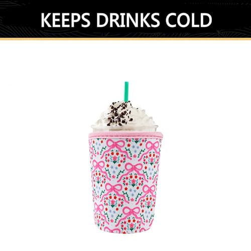 Image of YR Reusable Neoprene Insulator Sleeve for Iced Coffee Cups, 3 Pack Coffee Coolies sleeves for Iced & Hot Drinks, Cold Beverage Cooler Compatible with Starbucks Coffee and More (Pink Bows)