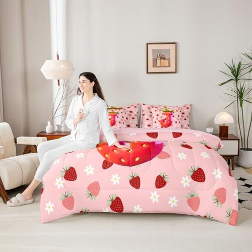 Image of Feelyou Cute Girls Strawberry Comforter Set Full Size 7 Pieces Pink Red Princess Strawberry Bedding Set Kids Initial Letter J Bed in a Bag with Comforter, Sheets, Pillowcases, Cushion Covers