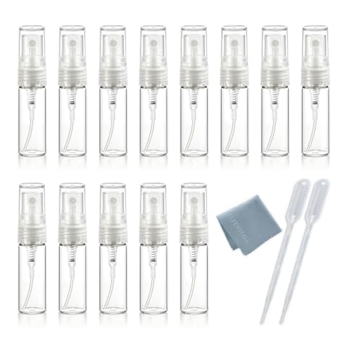 Elfenstal- 10pcs Mini Clear 3ml 1/6OZ Atomizer Fine Mist Empty Glass Bottle Spray Refillable Fragrance Perfume Scent Sample Bottle 1pc Clean Cloth for Travel Party Makeup Tool 2pcs Free 3ml Pipette