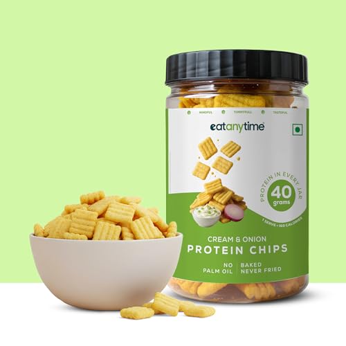 Image of Eat Anytime - Multigrain Protein Chips, Cream N Onion | 40 g protein per pack | Baked, Not Fried | No Palm Oil | High Protein, Low Calories (under 160) | 150 g