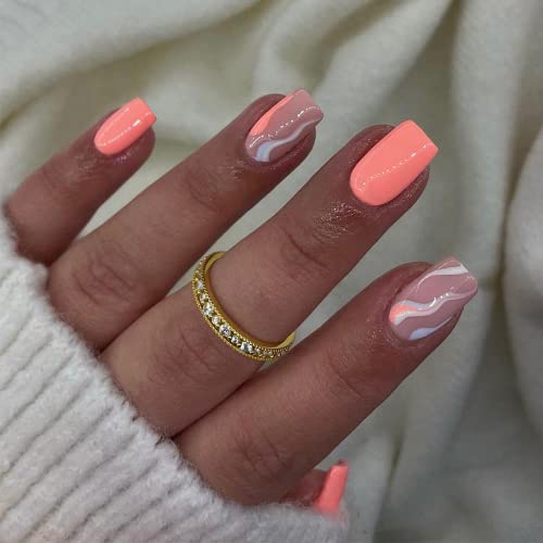 Short Square Press on Nails,KXAMELIE Glossy Orange Glue on Nails Press on,Made by Gel with Colorful Swirls Short Nails Designs,French Cute Fake Nails for Women Girls Daily Wear in 24PCS