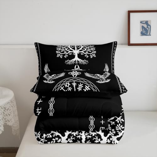 Image of Feelyou Kids Black Viking Sacred Tree Bedding Set Queen Size, Boho Comforter Set Boys Girls Tree of Life Duvet Insert Teens Bedroom Decor Bed Set 3Pcs