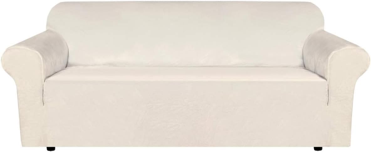 H.VERSAILTEX Stretch Velvet Sofa Covers for 3 Cushion Couch Covers Furniture Protector Soft with Non Slip Elastic Bottom, Crafted from Thick Comfy Rich Velour (Large Sofa 90"-97", Ivory) Ivory Sofa L