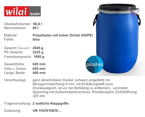 plasteo® 60 Liter Deckelfass Weithalsfass mit Spannverschluss | Futtertonne | Universalfass | Lagerfass | Campingfass | Transportfass | Regenfass | Stapelbar | IKG Gütezeichen | Blau