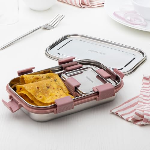 Image of Borosil Stainless Steel Slim Lunch Box | 700 ml + 125 ml Container Set | Airtight, Leakproof, Dishwasher Safe | Portable Kids Tiffin | 1 Year Warranty | Pink