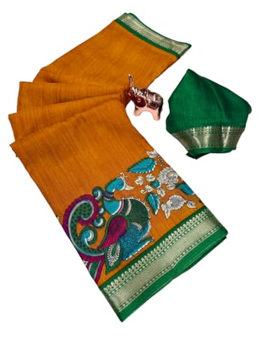Image of Kalamkari Floral Prints Dola Silk Saree With Rich Zari Border Designer Pallu Attach Blouse Piece