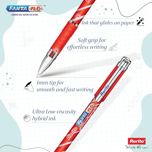 Image of Rorito Fantaflo Ball Pen | Pack of 20 | Revolutionary Glide Ink | Soft Comfort Grip | Attractive Design | Ideal Pen for Students | Red Ink