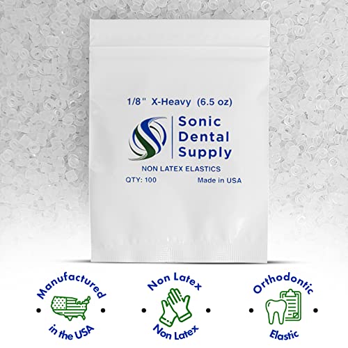 1/8 Inch Orthodontic Elastic Rubber Bands - 100 Pack - Clear Latex Free, X- Heavy 6.5 Ounce Small Rubberbands, Braces, Dreadlocks Hair Braids, Tooth Gap, Packaging, Crafts - Sonic Dental - Made In Usa #TOP1