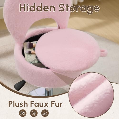 RUCUKEN Small Pink Vanity Stool Chair with Storage Ottoman Adjustable Vanity Chair with Folding Back, Makeup Ottoman Stool for Vanity Chrome Finish — view 6