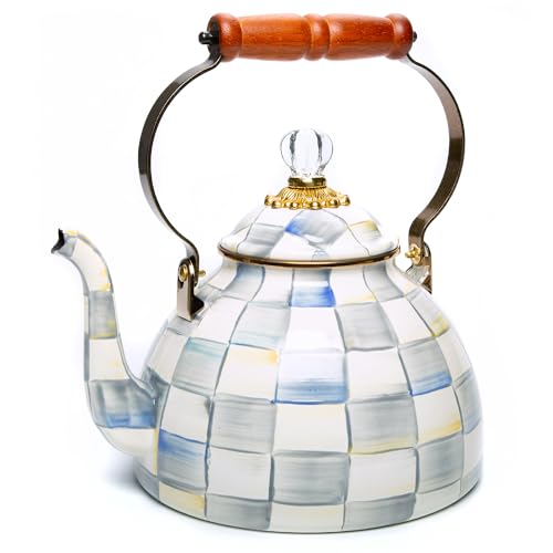 Mackenzie-Childs Enamel Tea Kettle, Grey-and-White Sterling Check