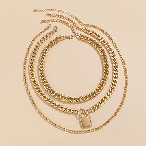 Jumwrit Chunky Chain Necklace Punk Layered Choker Necklaces Cuban Link Chain Necklace With Lock Pendant Necklace Statement Necklace For Women And Girls（Gold） #TOP3