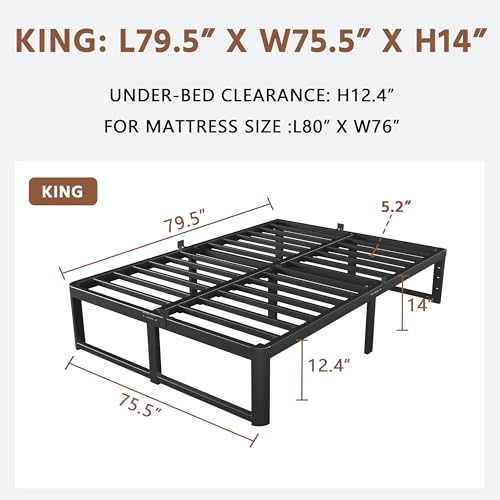 Image of ZTH King Size Metal Platform Bed Frame 14 in, No Box Spring Needed, Black | Heavy duty support, Underbed storage, Noise-free design, Anti-slip clips, Rounded legs, Easy assembly, Headboard compatible