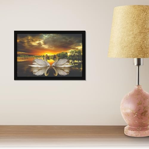 Image of Mad Masters 2 White Swan Bird Duck Love Painting Hanging Photo Frame Decorative Item for Living Room, Bedroom, Home Decor and Wall Decoration (MM 10036, 30.5L x 20.3W cm, Canvas, With Plexi Glass)